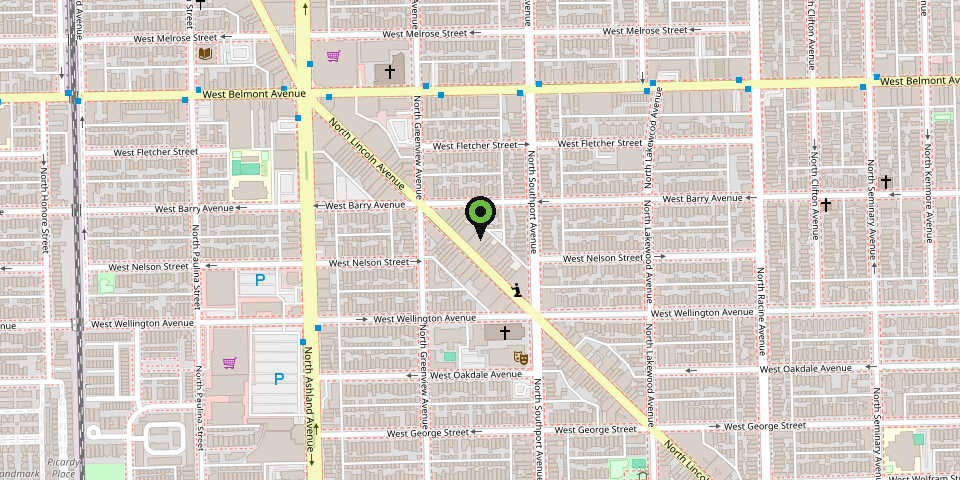 Street map of Lake View, Chicago, with a pin on N Lincoln Ave at W Barry Ave, between Belmont Ave and Wellington Ave.